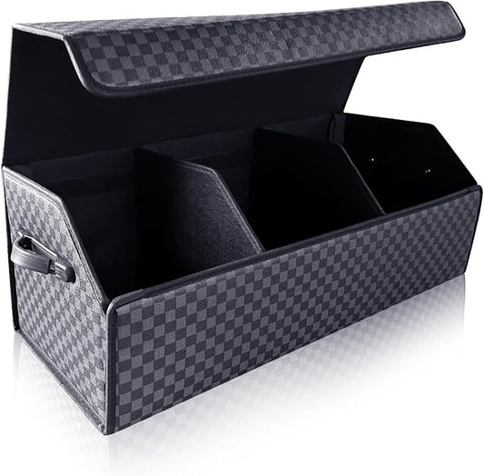 Fyzeoty Car Trunk Organizer for SUV and Sedan, Blue-Gray, 29.5 inches | Unique Blue‑Gray Plaid, Extra Large, Leather Storage Box, Magnetic Lid, Collapsible & Adjustable, Water‑Resist & Dust‑Proof