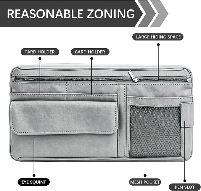 Car Sun Visor Organizer, Visor Accessories, Leather Sunvisor Pocket Organizer Case with Multi-Pocket Net Zipper, Waterproof Auto Sunshade Organizer Bag for Card Pen Sunglasses Document (Grey)