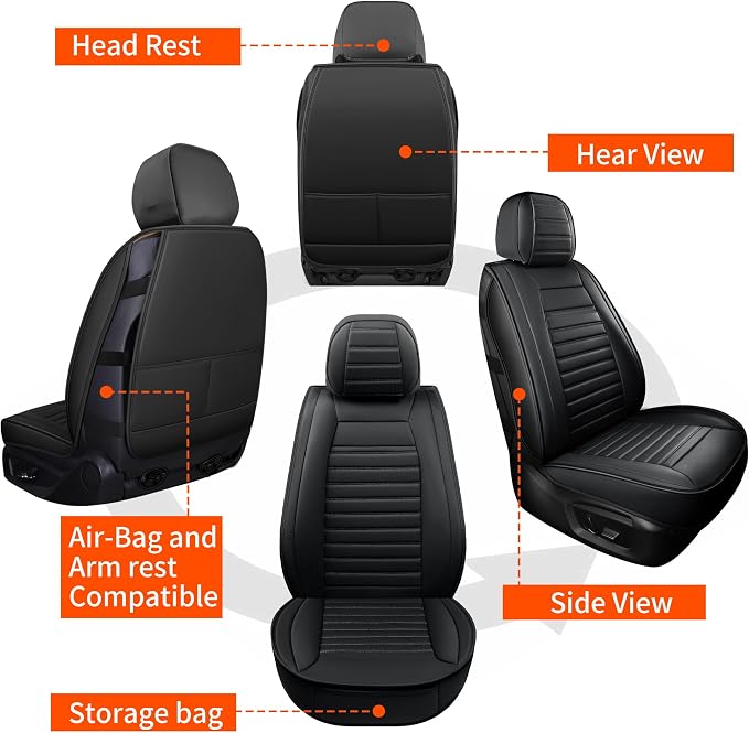 HChengkikz Car Seat Cover, Faux Leather, Waterproof (Black) | Breathable, Airbag Compatible, Easy Maintenance, Universal Fit for Most Sedans SUVs Pick-ups Trucks