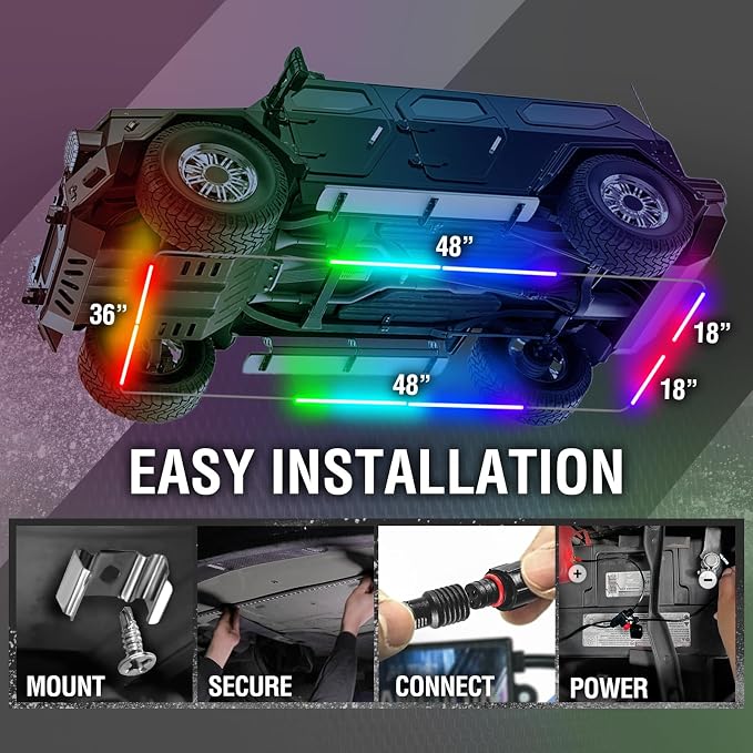 OPT7 Aura DreamColor Underglow Chasing Lights for Truck with APP & Remote | Waterproof Aluminum Frame, RGB-IC LED Bar, Rainbow Ground Effects, Exterior Off Road Accent Lighting, 12V Pickup Accessories