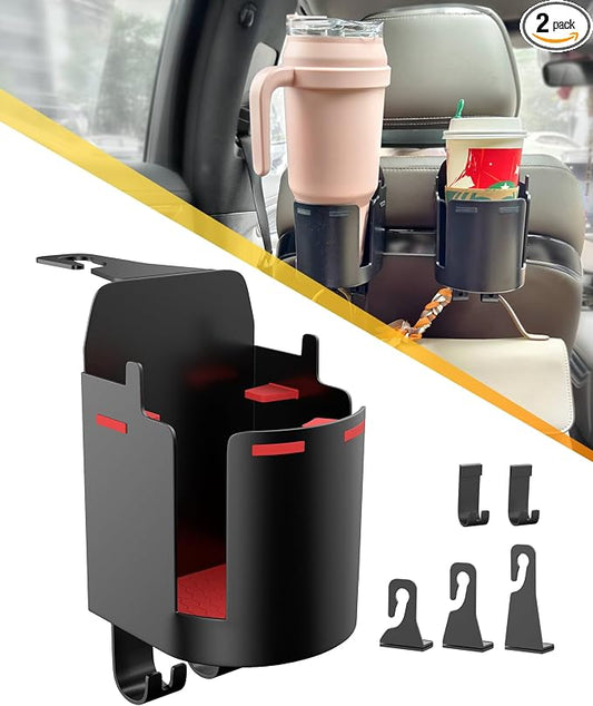 Headrest Cup Holder for Back Seat, Stable Spill-Resistant Drink Holder with Hooks for Bags, Fits 50oz Bottles, Compatible with Sedans, SUVs, and Trucks 2 Pack