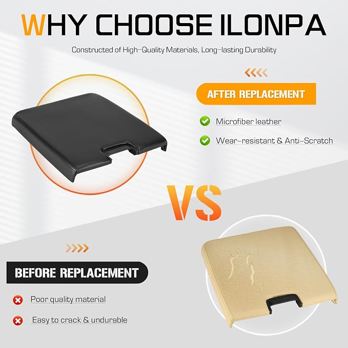 ILONPA Black Center Console Lid Armrest Box Cover w/Latch Fits for 2007-2013 Chevy Avalanche Silverado Tahoe GMC Sierra 1500 2500HD 3500 Replace for 20864154 20864151 20864153 Middle Console Lid Top