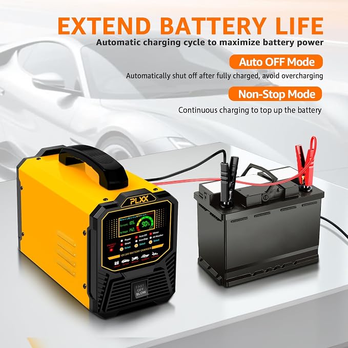 PLXX 12V 24V Car Battery Charger Heavy Duty 0-15A Automatic Smart Trickle Charger with Auto Shutoffs, Repair, Winter Mode, for Automotive Car Truck Motorcycle Lawn Mower Boat Marine AGM