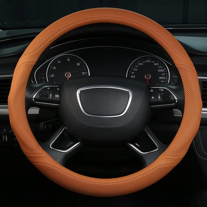 ALEMODR Cayenne Orange Leather Steering Wheel Cover Universal 15 inch