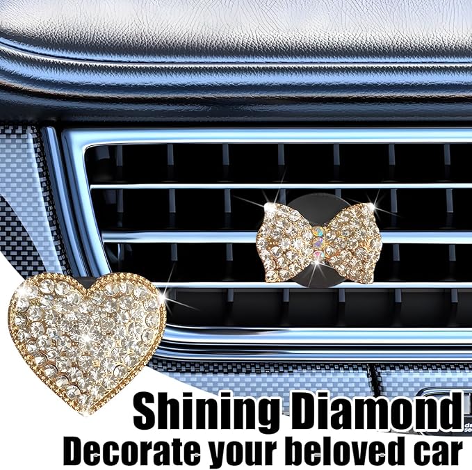 Bling Car Air Vent Clip, 2PCS Crystal Rhinestone Diamond Automotive Heart Shape Clip Charm, Cute Sparkling Vehicle Interior Decoration Accessories, Universal for SUV Sedan Trucks (Gold)