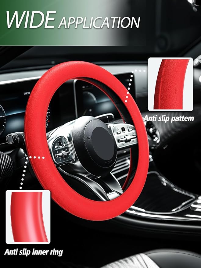 LRITER Car Steering Wheel Cover, Non-Slip Silicone Material, Multiple Color Choices, Universal Auto Parts Steering Wheel Cover, Suitable for Most Cars (Red2PCS)
