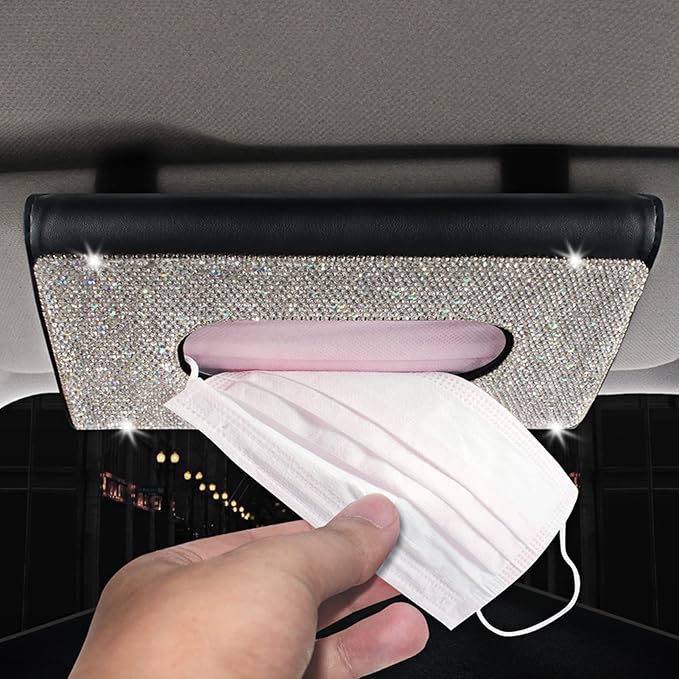 【2026 Upgraded】 Bling Car Sun Visor Tissue Box with Refills Paper Towels, PU Leather Backseat Mask Case,Crystal Sparkling Napkin Holder, Handmade Decoration Accessories for Women,Girls,Ladies as Gift