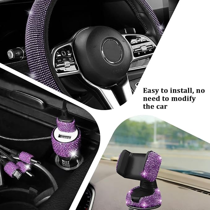 27PCS Bling Car Accessories Set for Women, 14.5-15" Rhinestone Steering Wheel Cover Cup Coaster, USB Charger Phone Holder Headrest Hook, Diamond Auto Decor, Universal Fit (Light Purple)