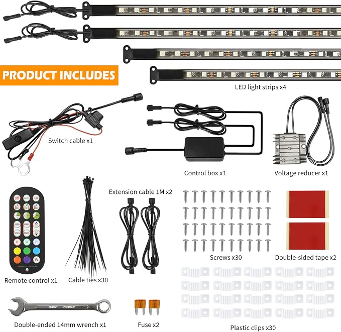 DREAMOTOR 4PCS Golf Cart Underglow LED Light Strip Dream Color Neon Accent Lighting Kit APP/Remote Control Sound Active Music Sync Waterproof 12V-65V Input Compatible with EZGO Yamaha Club Car