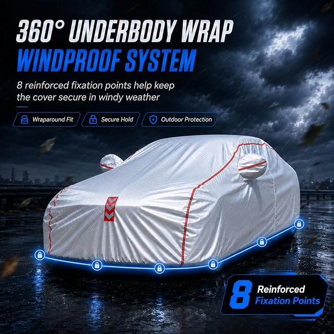 Car Cover for Sedan, Waterproof All Weather Heavy Duty, 360° Underbody Wrap Windproof Design, Quick Install Outdoor Vehicle Cover, Fits 178 to 185 in