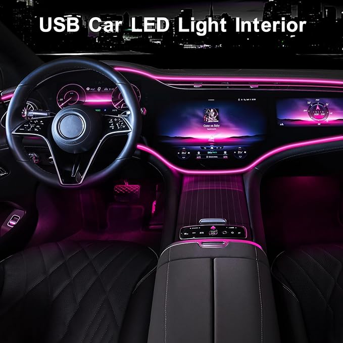 EL Wire Interior Car LED Strip Lights, 16.5FT USB Neon Glowing Strobing Electroluminescent Wire Strip with 6mm Sewing Edge, Ambient Lighting Kits for Car Home Decorations (Pink)