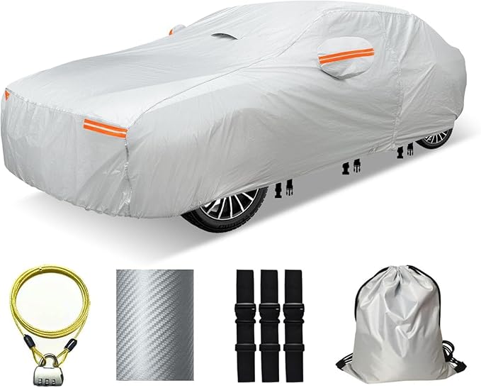 30 Layers Heavy Duty Car Cover for Automobiles All Weather Waterproof, Outdoor Snowproof UV Protection Windproof, Door Zipper, Soft Cotton Universal Car Covers (Silver, Fit Sedans 201"-210")