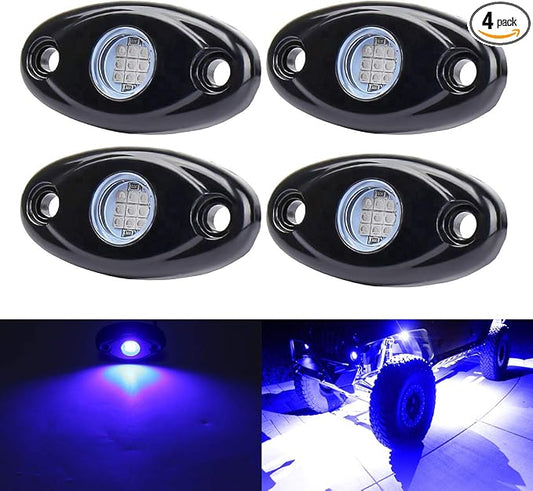 Blue Underglow Led Rock Lights for Car, Wheel Well Lights, 12V 4 Pods | Waterproof Underbody Kit Crawler Crawling Dome Exterior Lamps for ATV RZR UTV SUV Off-Road Motorcycle Glow Trail Rig Fender