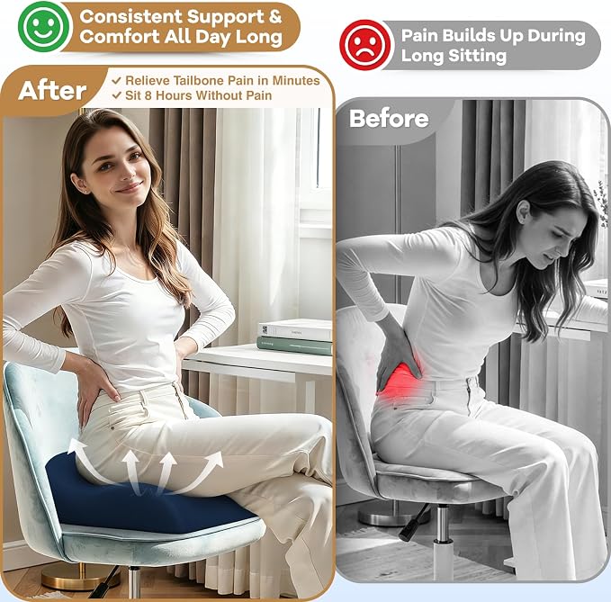 Seat Cushion for Pressure Relief - Ergonomic Home & Office Chair Cushions for Tailbone, Hip, Sciatica Support, Memory Foam Chair Pad for Long Sitting, Driving (Blue)
