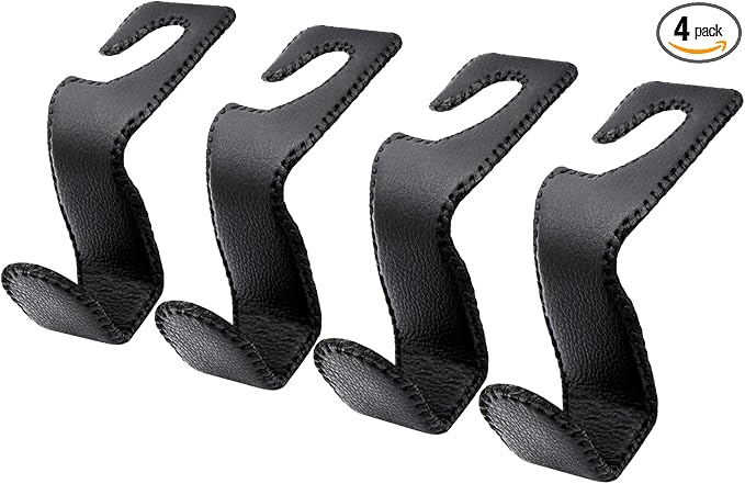 EldHus Seat Hooks for Purses and Bags, 4 Pack Car Purse Holder for Grocery Bag Handbag Clothes, Metal Headrest Hooks Covered by Leather, Black