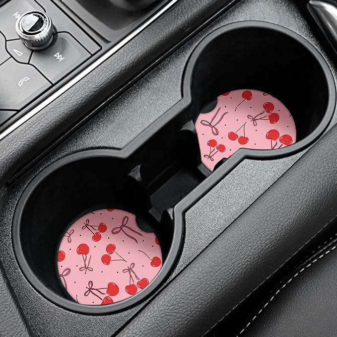 Cute Cherry Car Coasters,Absorbent 2 Pack for Cup Holders with Finger Notch,2.56 inches Ceramics Heat Resistant Anti Slip Cork Base Car Drinks Coasters Auto Cup Holder