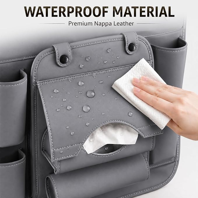 2 Pack Car Backseat Organizer with Foldable Table Tray, PU Leather Seat Back Organizer with Trash Bin, Tablet Holder, Kick Mat Protector, Back Seat Storage for Cars, Gray