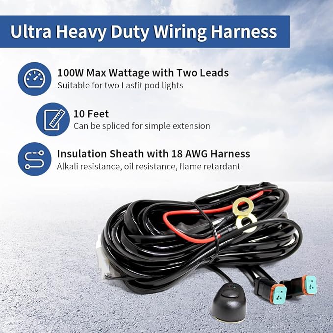 LASFIT Wiring Harness Kit 2 Leads 12V 18AWG Switch Power Relay Blade Fuse | for LED Light Bar Off Road Lights LED Work Light Pod Light