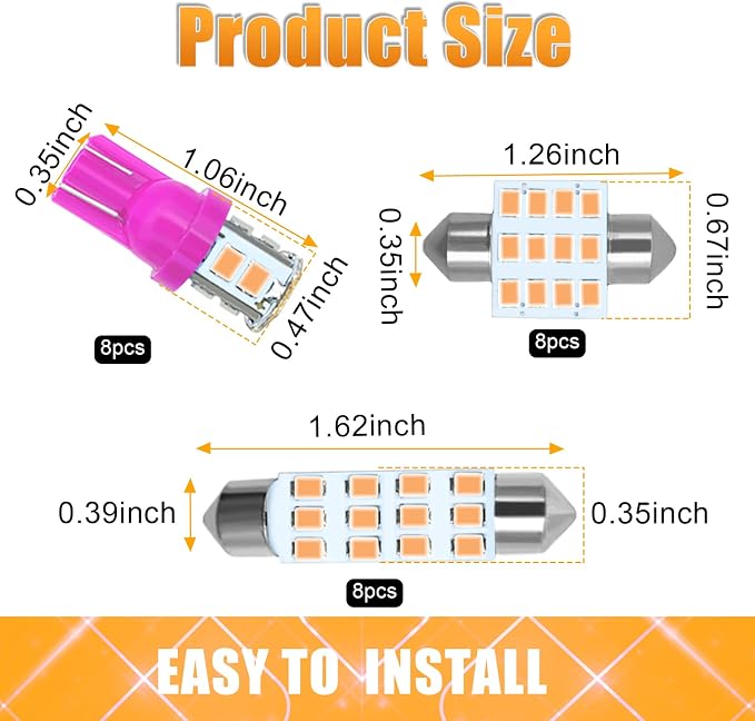 YOGEIER Car LED Bulb, Pink, 24 Sets, Compatible with All Vehicles, Wide Range of Applications, Easy Installation