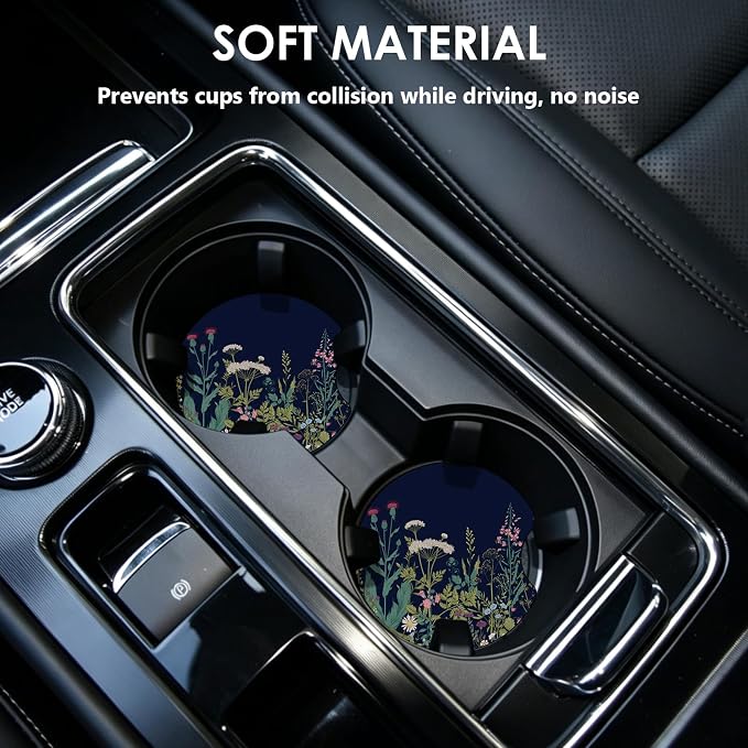 2 Pack Car Coasters，2.75-inch Neoprene Non-Slip Cup Holder Coasters for Car，Cute Car Interior Accessories for Men and Women，Black Flower