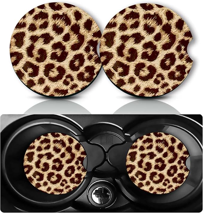 2Pcs Brown Leopard Print Car Coasters,2.75" Neoprene Cup Holder Coasters | Universal Rubber Non‑Slip Mat, Drink Coaster Decor Auto Accessories Leopards Gifts for Women,Men,Mom