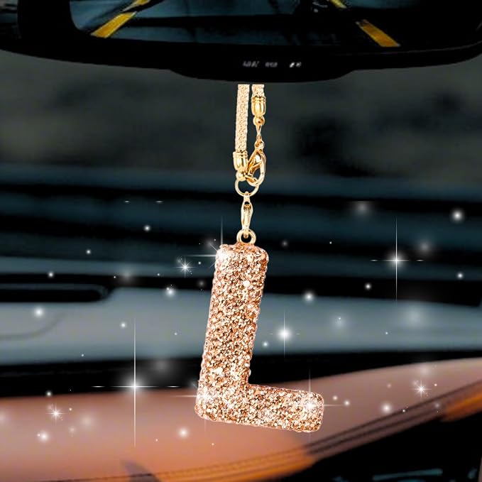 Bling Car Accessories for Women Letter Charm, Rainbow Crystal Rearview Mirror Pendant, Cute Diamond Rhinestone Car Decor, Lucky Gift for Women(L, Champagne Gold)