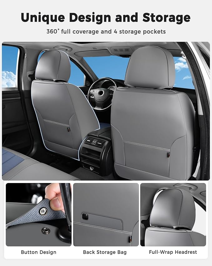 Huidasource Car Seat Covers, Universal Fit for Cars SUV Trucks, Gray&Blue | Full Coverage Leather Seat Cover, Airbag, Cupholder Compatible, Seat Function Retain, Easy Install with Velcro