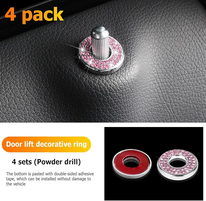 Osilly 4 Pcs Bling Car Inner Door Lock Covers, Crystal Pull Rod Bolt Stickers, Sparkly Rhinestones Auto Door Bolt Decorations, Vehicle Lock Pin Cap Decors for C Class C200L GLC260 C260L (Pink)