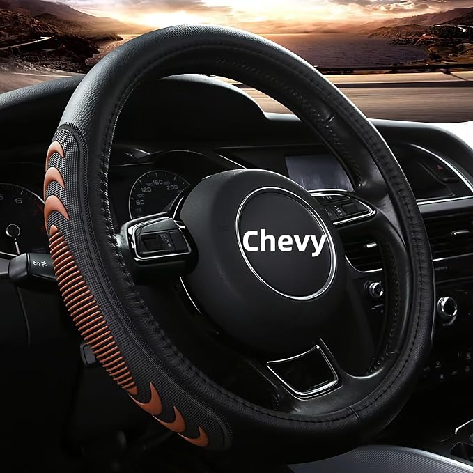Leather Steering Wheel Cover for Chevy Silverado 1500 2500 3500, 14.5-15 inches Car Steering Wheel Cover with Anti-Slip Massage Particle (Brown)