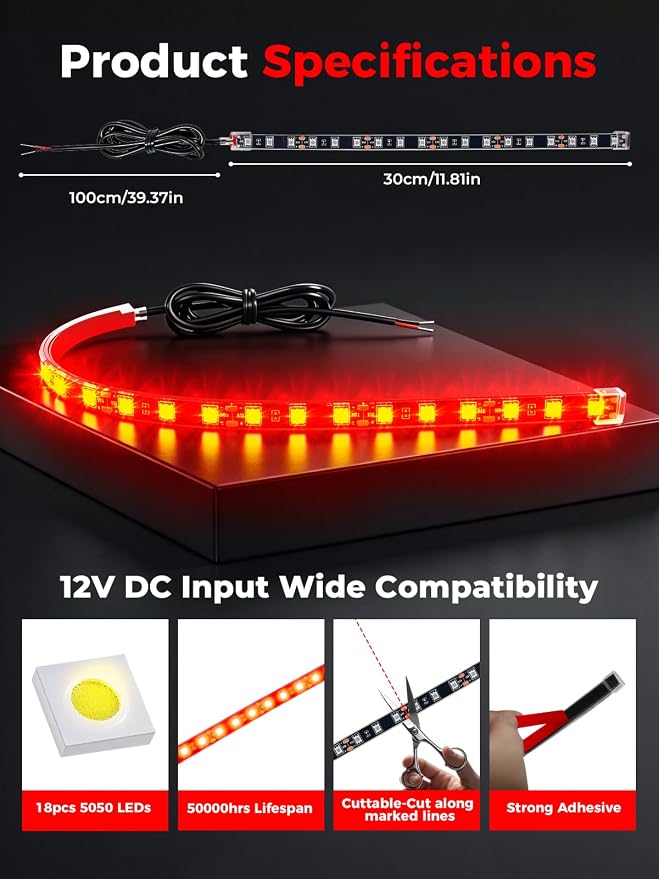 Car LED Strip Lights IP68 Waterproof Cuttable 12inch Red 4 Pcs | 12V Footwell & Underbody Lights, 18pcs 5050 SMD, interior & exterior light, fits SUVs, trucks, motorcycles, boats, golf carts