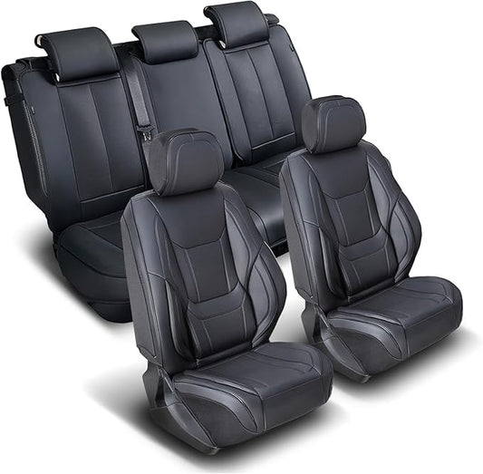 Coverland Custom Truck Car Seat Covers Full Set for [2019-2026 RAM 1500 Quad Cab Front Bucket Seats Rear Bench] - Protector Water Resistant Leather Memory Form Seat Cushion [Full Set-Black]