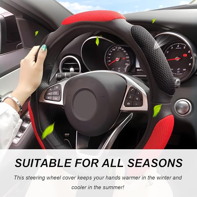 Car Steering Wheel Cover, 15" Anti-Slip Steering Wheel Protector Soft Hand Pad Cushion, Breathable Ice Silk Auto Wheel Wraps Comfy Grip All-Season Protector for Most Vehicles (Red)