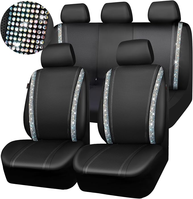 CAR PASS Bling Diamond Car Seat Cover Full Set, Shining Rhinestone Waterproof Leather, Rear with Zipper, Universal Fit 95% Automotive Glitter Sparkle Crystal for Cute Women Girl, Colorful Diamond