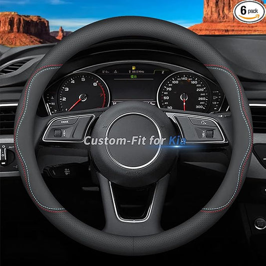 Deer Route Custom-Fit for Kia Steering Wheel Cover, Premium Leather Car Steering Wheel Cover with Logo, Non-Slip, Breathable, for Kia Accessories (A-Style,for Kia)