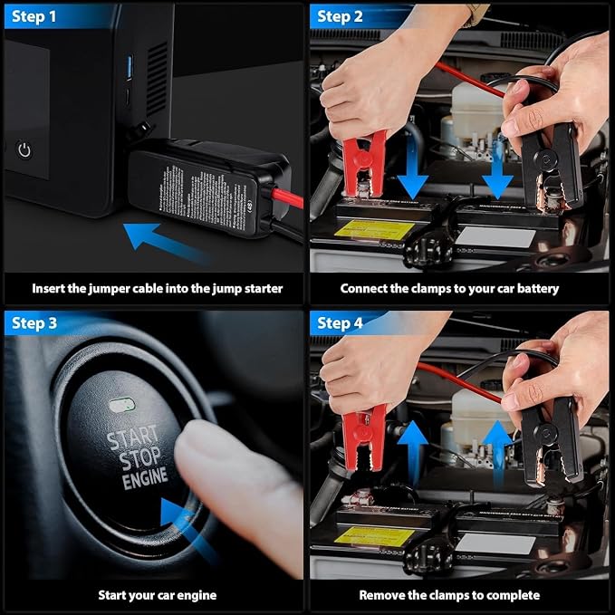 Hieha 4-in-1 Portable Jump Starter 4000A Peak 150PSI Digital Air Compressor | Digital Display, LED Flashlight, 12V, USB Charger, Cordless, Power Bank, Emergency Kit