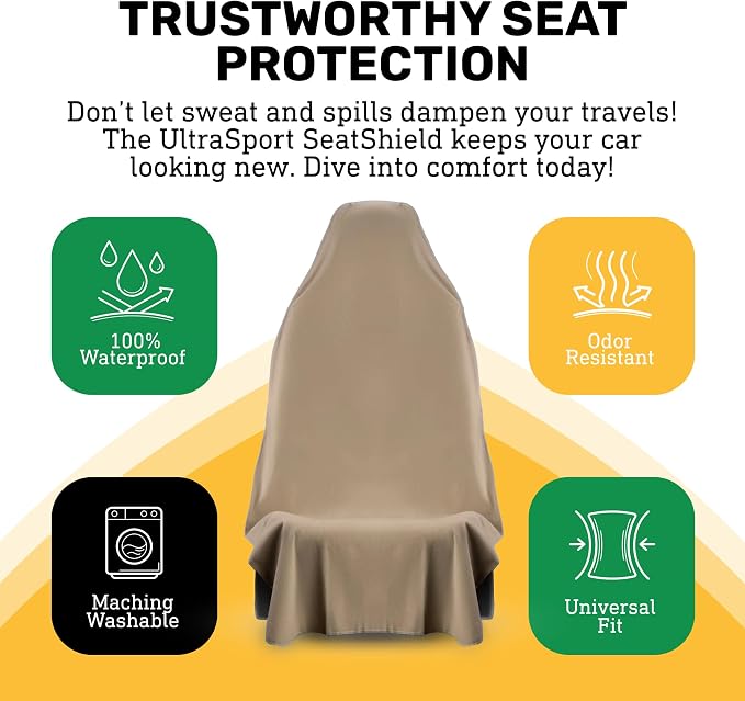 UltraSport Waterproof Towel Car Seat Cover, Universal Fit, Sweatproof & Odor-Resistant Front Seat Protector, Quick-Dry, Machine Washable for Gym, Pets, Travel, Outdoor Adventures, Tan, 2-Pack