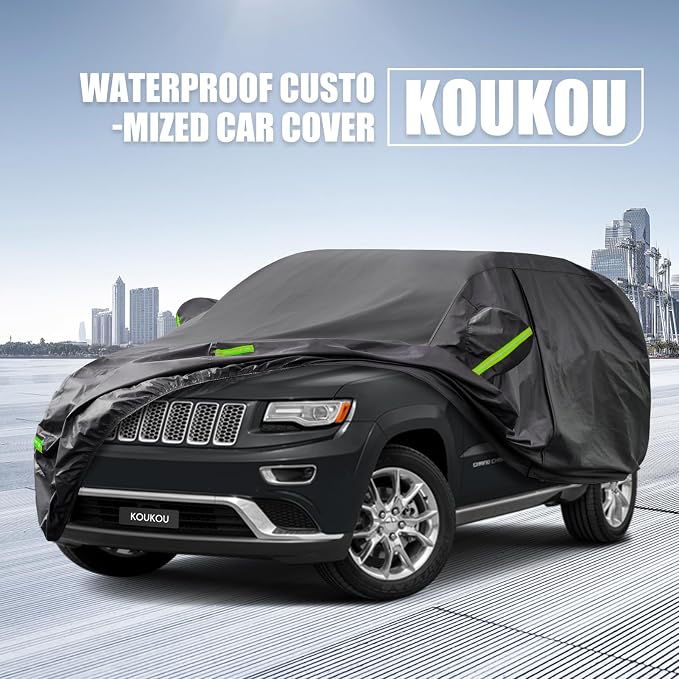 KouKou Waterproof SUV Car Cover Suitable for Jeep Cherokee from 2013 to 2025, 7 Layers Windproof All Weather Waterproof Outdoor Cover Sun Rain UV Dust Snow Protection. Black