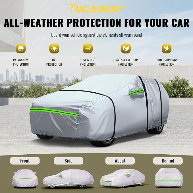 TUCAREST 6-Layers Premium Full Car Cover Hard Shell Zipper Design Waterproof All Weather Weatherproof UV Sun Protection Snow Dust Storm Resistant Outdoor with Straps (Fit for Sedan 165"- 181")