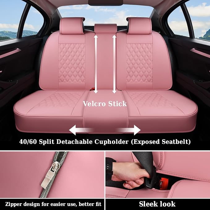 Coverado Rear Seat Covers, Stylish Waterproof Faux Leather Rear Protectors for Sedan SUV Truck, Luxury Fashion Interior – Pink