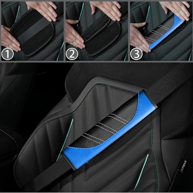 NBTEPEM 10 Pcs Car Floor Mats Full Set & Sport Leather Steering Wheel Cover 14.5-15 inch, Center Console Cover, Seat Belt Cushion, Cup Holder Coaster, Universal Automobile Interior Sets (Blue)