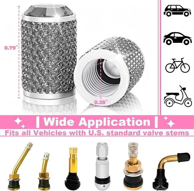 4Pcs Car Tire Valve Stem Caps, Bling Tire Air Cap for Car, Universal Stem Covers, Anodized Aluminum Tires Valve Cap with O Rubber Ring, Crystal Diamond Car Accessories for Women