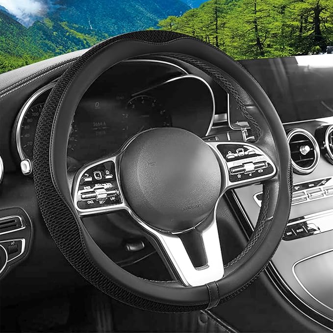 Car Steering Wheel Cover, 15 inch Ice Silk Leather Soft Comfortable Vehicle Steering Wheel Protector, Breathable Automotive Interior Accessories, Universal for SUV Sedan Truck (Black)