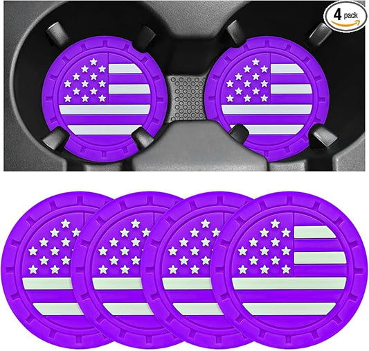 4 PCS Car Cup Holder Coasters, 2.75 Inch Universal Non-Slip American Flag Insert Coaster for Auto Cup Holders, Shockproof Car Drink Mat for Men Women, Vehicle Interior Decor (Purple)