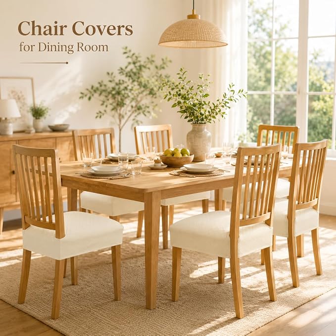 NILUOH Waterproof Seat Covers for Dining Room Chairs Set of 4, Stretch Jacquard Chair Seat Slipcovers Dining Chair Cover Removable Washable Chair Protctor Cover, Rear Covers (Beige)