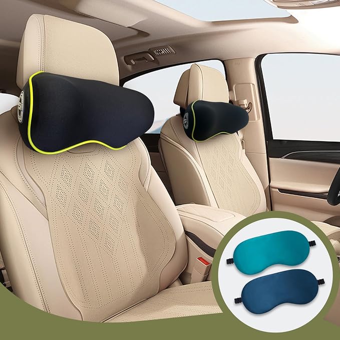 Really Chic Car Headrest Pillow, 2 Pack Car Pillow with Adjustable Strap | 100% Memory Foam Neck Pillow, Ergonomic Design -Car Neck Pillow for Driving(Includes 2 Eye Masks, Yellow Side Rope)