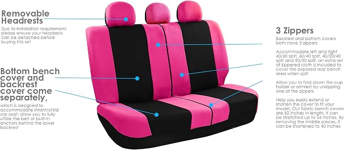 FH Group Universal Car Seat Covers Full Set for SUV Truck Sedan Vans | Waterproof All-Purpose Cloth Seat Cover Set Airbag Compatible Washable Split Bench Protector Interior Upgrade - Pink