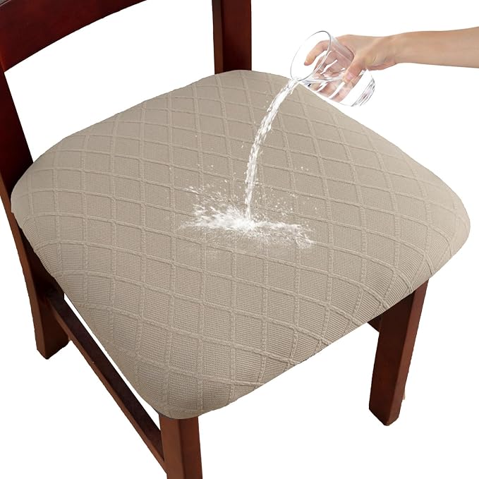 Waterproof Chair Seat Covers Set of 6 for Dining Room, Stretch Removable Washable Dining Chair Seat Slipcovers for Home, Restaurant, Banquet,Kitchen Chair Seat Cushion Protector(Khaki, Large)