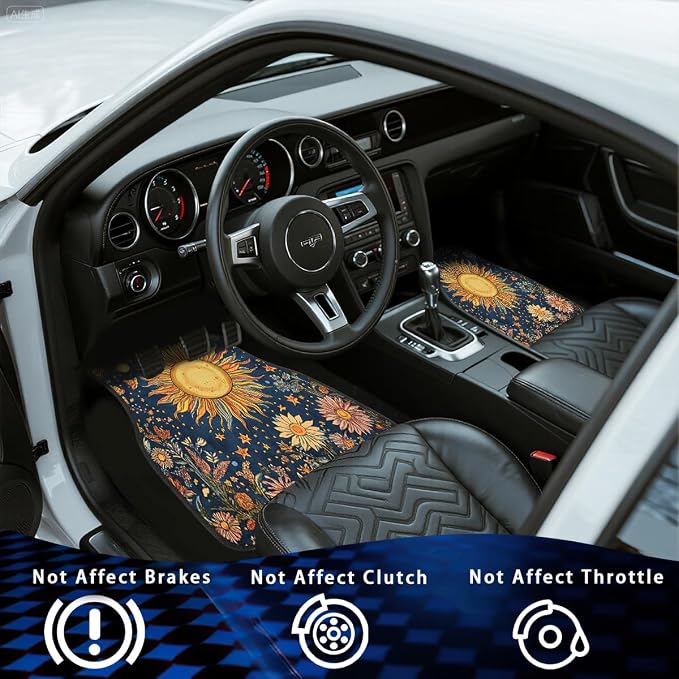 Abstract Car Floor Mats Set of 4 Vintage Sun Moon Star Floral Vibrant Color Carpet Front Rear Carpets Mat Non-Slip Auto Car Accessories Universal Fit for Car SUV Truck Van