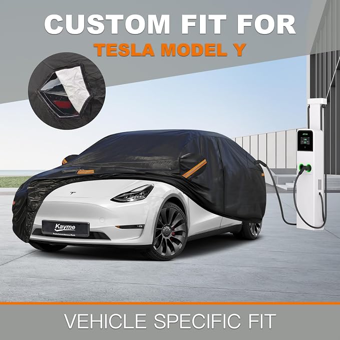 Kayme 7 Layers Car Cover Custom Fit for Tesla Model Y, Waterproof All Weather for Automobiles, Outdoor Full Car Cover Sun Rain UV Snow Protection.with Zipper and Charging Port. Black