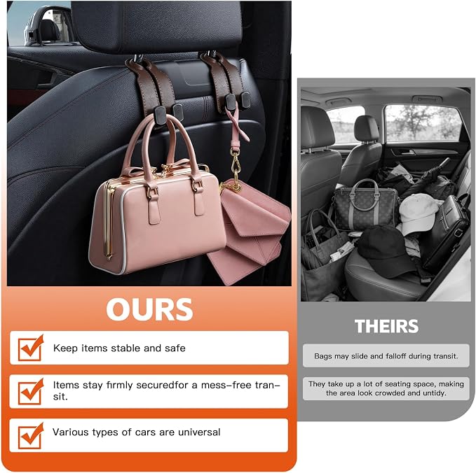 2 Pack Gray Car Headrest Hooks, Universal Car Purse Holder Seat Back Storage Hook, Multifunctional Automotive Interior Organizer for Bags Purses Groceries